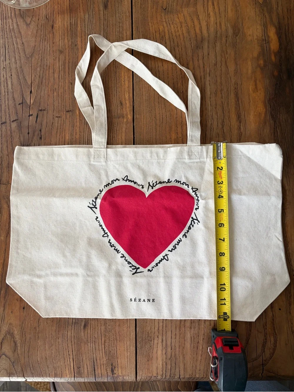 Sezane Cream Canvas Tote with Red Heart Motif